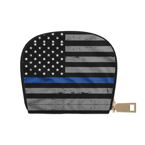 KIROJA Schwarz und Weiß Kuh Leder Kartenfächer Kreditkartenetui Kleine Kartenetui mit Reißverschluss für Damen/Herren, Akkordeon-Kartenetui, American Thin Blue Line Flagge, Einheitsgröße von KIROJA