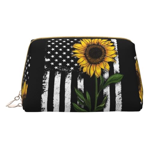 Kosmetiktasche aus Leder für Akustik- und Gitarren, für Reisen, tragbare Kulturbeutel, Organizer für Damen/Herren, Sonnenblume und amerikanische Flagge, Einheitsgröße von KIROJA