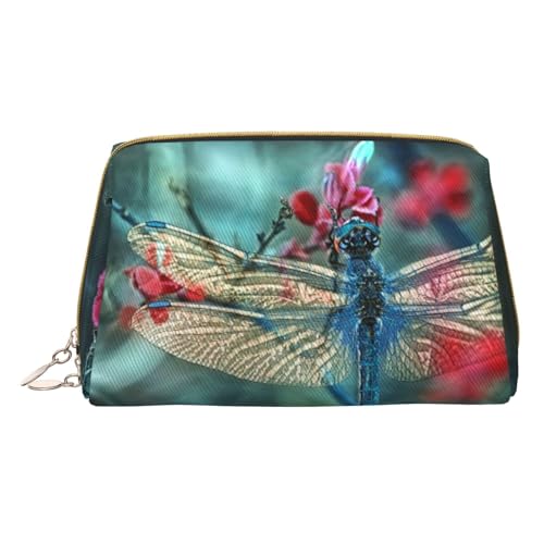 Kosmetiktasche aus Leder mit Gänseblümchen-Motiv, tragbar, für Damen/Herren, Weiß / Blau, Libelle auf der Blume, Einheitsgröße von KIROJA