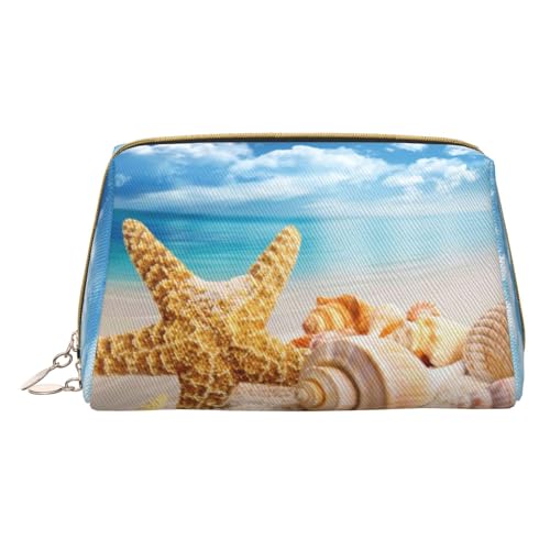 Kosmetiktasche aus Leder mit Sonnenblumen-Motiv, tragbar, Kulturbeutel, Organizer für Damen/Herren, Seestern Muschel Ocean Beach, Einheitsgröße von KIROJA