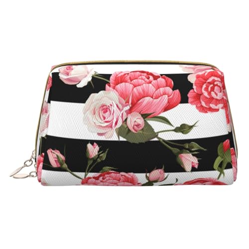 Kosmetiktasche mit Sonnenblumen-Motiv für Reisen, Leder, tragbare Kulturbeutel, Organizer für Damen/Herren, Schwarz-weiß gestreifte Blumen, Einheitsgröße von KIROJA