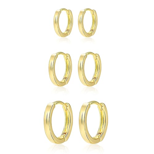 Gold kleine Creolen Ohrringe Set für Damen, 3 Paar 14 Karat vergoldet kleine Ohrringe Set Huggie-Creolen hypoallergen kleine Creolen Set Knorpel Piercing Creolen Ohrringe 12 14 16 mm von KISSPAT