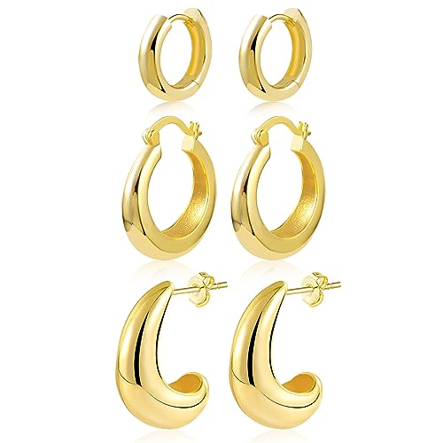 Gold Creolen Ohrringe Set, 3 Paar 14k Echt Vergoldete Creolen Gold Kleine für Damen, Hypoallergen Knorpel Huggie Gold Creolen Piercing Ohrringe für Mehrere Ohrlöcher von KISSPAT