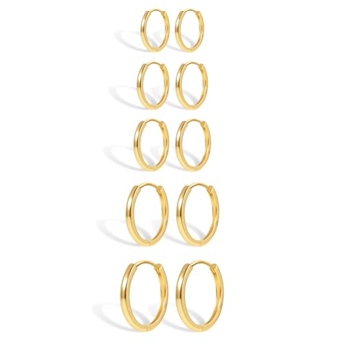 Gold Ohrringe Kleine Creolen Set Damen, 5 Paar Hypoallergen Kleine Ohrringe Set Sterling Silber Ohrringe Knorpel Kleine Huggie Dünne Creolen Ohrringe Kleine Gold Ohrringe Set für Mehrere Piercings von KISSPAT