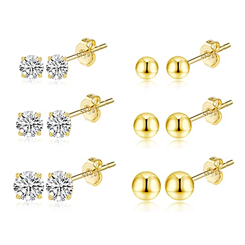 Gold Ohrstecker Kleine Ohrringe Set Damen, 6 Paa 925 Sterling Silber Hypoallergen Kleine Ohrstecker Set Premium Kugel und Zirkonia Tragus Ohrringe Set für Mehrere Ohrlöcher (3/4/5mm) von KISSPAT