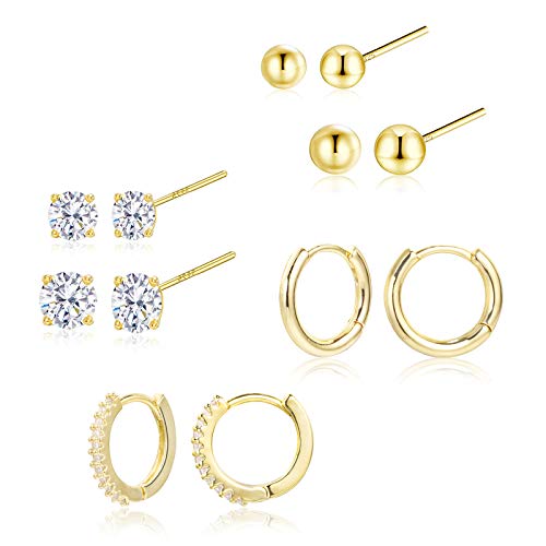 Gold Ohrringe Set für Damen, Klein Ohrstecker 6 Paare Hypoallergen Ohrringe Set Sterling Silber 925 Knorpel Creolen Ohrringe Klein Zirkon Ohrstecker Set Piercing Ohrringe Silber für Mehrere Ohrlöcher von KISSPAT