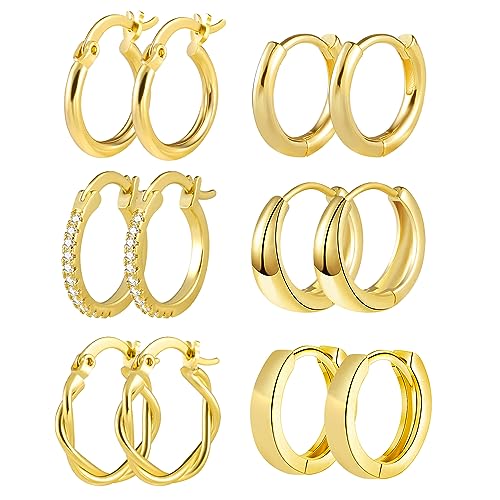 Gold Creolen Ohrringe Set, 6 Paar Creolen Gold Kleine für Damen, Hypoallergen Knorpel Huggie Gold Creolen Piercing Ohrringe für Mehrere Ohrlöcher von KISSPAT