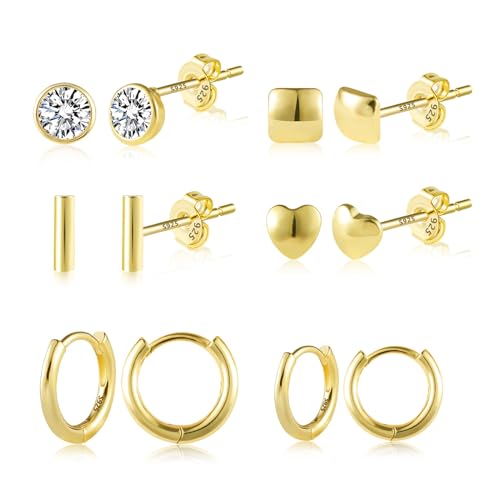 Gold Kleine Ohrstecker Creolen Ohrringe Set Damen, 6 Paar hypoallergenes Sterlingsilber Herz Ohrstecker quadratische Zirkonia-Ohrstecker glänzende Creolen Ohrringe für mehrere Piercings von KISSPAT