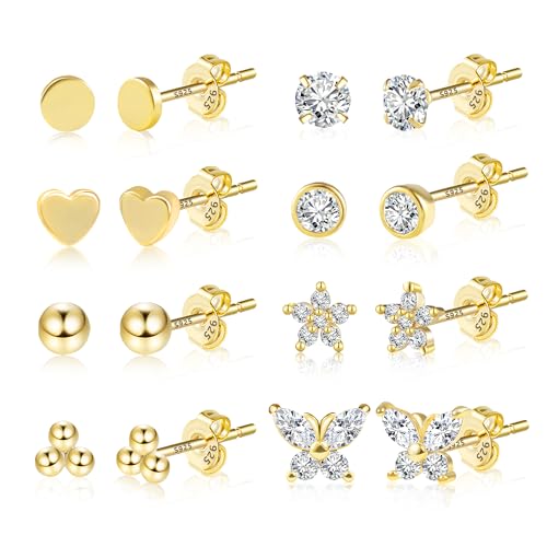 Kleine Gold Ohrstecker Ohrringe Set für Damen, 8 Paar Hypoallergen Sterlingsilber Kleine Ohrringe Set 14-karätiges Gold Herz Ohrstecker Kugel-Pad Zirkonia Ohrstecker Set mehrere Piercings von KISSPAT