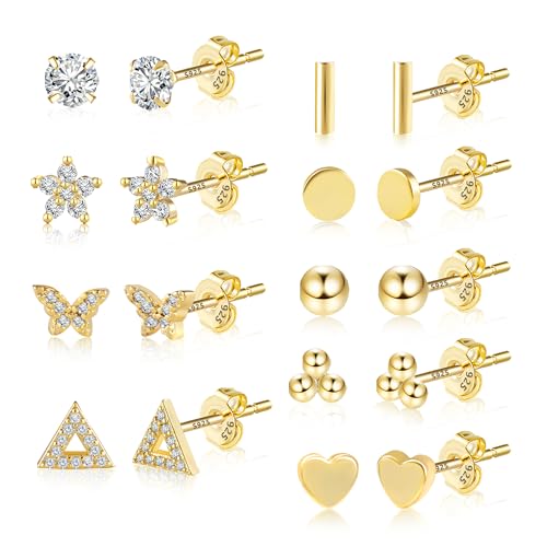 Kleine Gold Ohrstecker Ohrringe Set für Damen, 9 Paar Hypoallergen Sterlingsilber Ohrringe Set 14 Karat Gold Herz Ohrringe Dreieck Schmetterling Blume Kleine Ohrstecker Set mehrere Piercings von KISSPAT