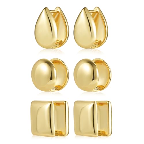 Gold Ohrringe Kleine Creolen Set Damen, 3 Paar Kleine Silber 925 Ohrringe Klobig Kleine Eckige Creolen Klobig Dick Runde Kreolen Wassertropfen Creolen Ohrringe Mini Breit Ohrringe Damen von KISSPAT