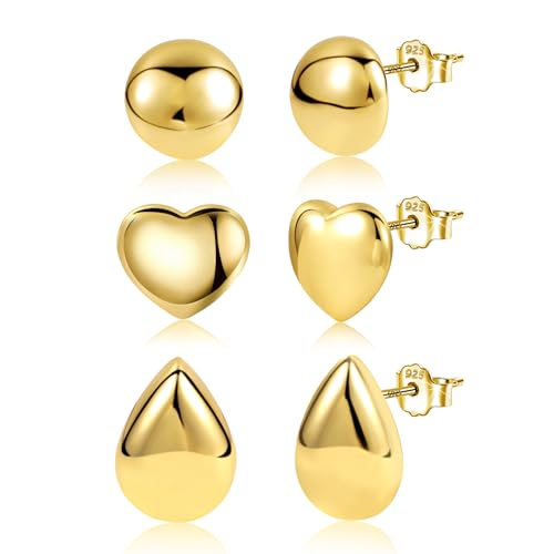 Gold Ohrringe Kleine Ohrstecker Set für Damen, Große Klobige Ohrstecker Sterling Silber Ohrringe 3 Paar Statement Ohrringe Dicke Kuppel Herz Ohrstecker Kleine Wassertropfen für Jeden Tag von KISSPAT