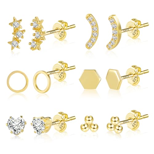 Kleine Gold Ohrstecker Ohrringe Set Damen, 6 Paar Hypoallergen 925 Sterling Silber Kleine Ohrstecker 14 Karat Vergoldet Hypoallergen Zirkonia Piercing Punkt Ohrringe Set für mehrere Piercings von KISSPAT