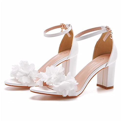 KJCQGQTZ 2023 Damen Sandalen Sommer Hochzeit Blume Nachahmung Schuhe Braut Offene Spitze Blockabsatz Pumps Damen Party Knöchel Schnalle Hohe Blockabsatz Pumps,Weiß,38 EU von KJCQGQTZ