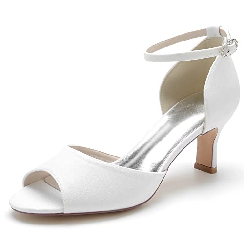 KJCQGQTZ Damen-Glitzer-Hochzeitsschuhe Für Braut Offener Peep-Toe Klobige Absätze Brautschuhe Kristall Mittlerer Kitten-Absatz Knöchelriemen Abschlussball-Abendparty Kleidschuhe,White9,38 EU von KJCQGQTZ