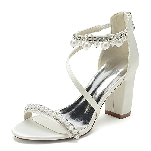 KJCQGQTZ Damen Perlen-Hochzeitsschuhe Für Braut, Peep-Toe-High-Heel Brautschuhe Knöchelriemen Klobiger Blockabsatz Satinkleid Pumps Sandalen Für Abschlussballabend Hochzeitsfeier,Elfenbein,39 EU von KJCQGQTZ