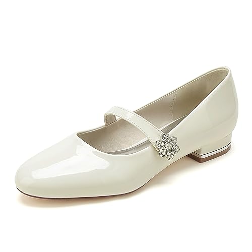 Hochzeitsschuhe Flache für Damen Spitze Strassschnalle Ballett Schlichte Flache Schuhe Niedrige klobige Blockabsätze Brautkleid Pumps Leder Schlüpfen Ballerina Schuhe,Weiß,39 EU von KJCQGQTZ