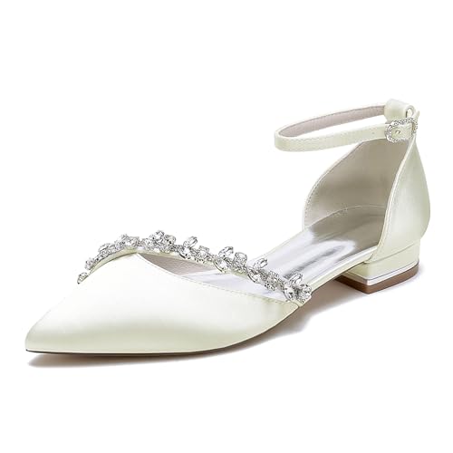 KJCQGQTZ Hochzeitsschuhe für Damen Niedrige Blockabsätze Flache Ballerinas Knöchelriemen spitzer Zehenpartie Klobiger Absatz Pumps Sandalen Schuhe Brauthochzeitsfeier Abendschuhe,Elfenbein,41 EU von KJCQGQTZ