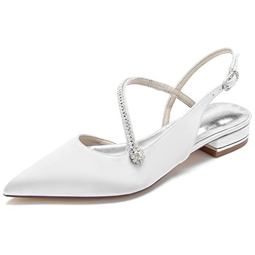 KJCQGQTZ Slingback-Hochzeitsschuhe Damen Kitten-Heel-Satin Niedrige Abendschuhe Braut Chunky Heel Abendgesellschaft Spitzschuh Mit Knöchelriemen Strasssteine Anziehen Sandalen,Weiß,41 EU von KJCQGQTZ