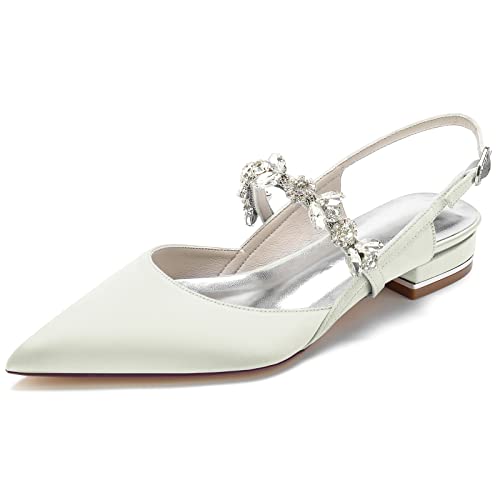 KJCQGQTZ Slingback-Pumps Für Damen 2,5Cm Niedriger Kitten-Heel Spitz Zulaufender Satin Hochzeit Sandalen Strass Knöchelriemen Klobiger Blockabsatz Flache Pumps Für Brautjungfer,Elfenbein,40 EU von KJCQGQTZ