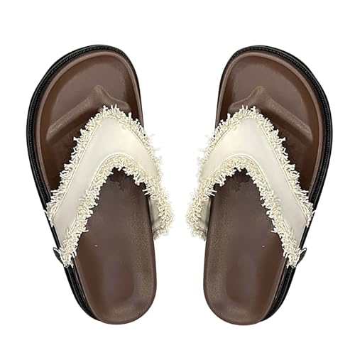 KKvoPiQ Damen Frühling/Sommer Design Feeling Kleine Hausschuhe mit Dicker Sohle, Klemmhausschuhe, Fischgrätenmuster, Hausschuhe Schuhe Für Schmale Füße Damen (White, 36) von KKvoPiQ