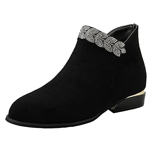 KKvoPiQ Damen Mit Absatz Schwarz 44 Winter Neueste Schönes Design Trend Mode Strass Und Höcker Reißverschluss Damen Stiefel Stiefeletten Flach Damen Schwarz (Black, 37) von KKvoPiQ