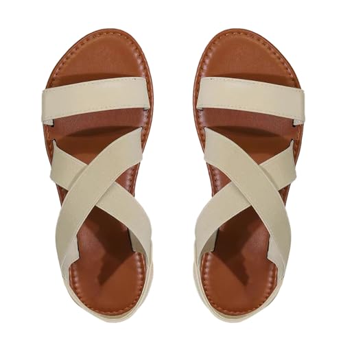 KKvoPiQ Damen-Sandalen für Frühling/Sommer, flacher Boden, elastisches Band, römische Strandschuhe, offene Zehen Schuhe Damen Arbeitsschuhe (White, 36) von KKvoPiQ