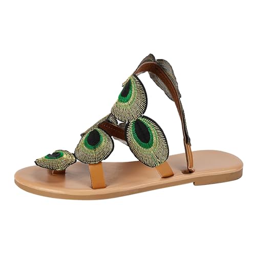 KKvoPiQ Damen Sommer Flache Ethnische Tanga Zehen Römische Strand Große Größe Damen Sandalen Sandalen Damen Sommer Mit Strass (Green, 41) von KKvoPiQ