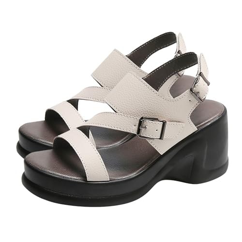 KKvoPiQ Damen-Sommer-Sandalen aus weichem mit Slope-Absatz, Fischmaul-Retro-Stil, dicke Absätze mit High-Heel-Sandalen Klein Schuhe Damen Boots (White, 39) von KKvoPiQ