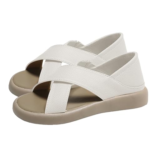 KKvoPiQ Damen-Sommer-Strandsandalen mit flachem Boden, Fischmaul, hohl, atmungsaktiv, weicher Boden, weiche Oberfläche Schuhe Joggen Damen (White, 42) von KKvoPiQ