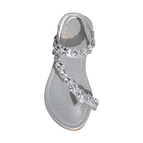 KKvoPiQ Flache Damensandalen, lässige Glitzer-Strass-Sandalen, offener Zehenbereich, Slip-Absatz-Sandalen Sandalen Schwarz 41 Damen (Silver, 41) von KKvoPiQ