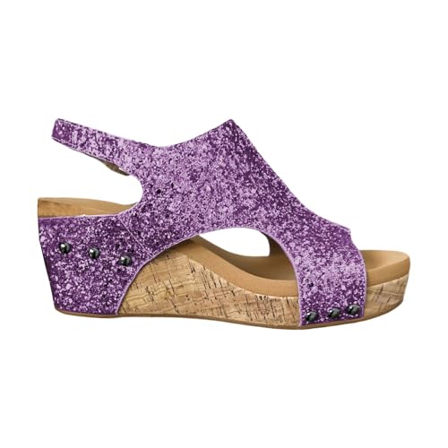 KKvoPiQ Frauen Sommer Pailletten Haken Schleife Casual Offene spitze Keile Bequeme Strand Schuhe Sandalen Schuhe Für Einlagen Geeignet Damen Schwarz (Purple, 37) von KKvoPiQ