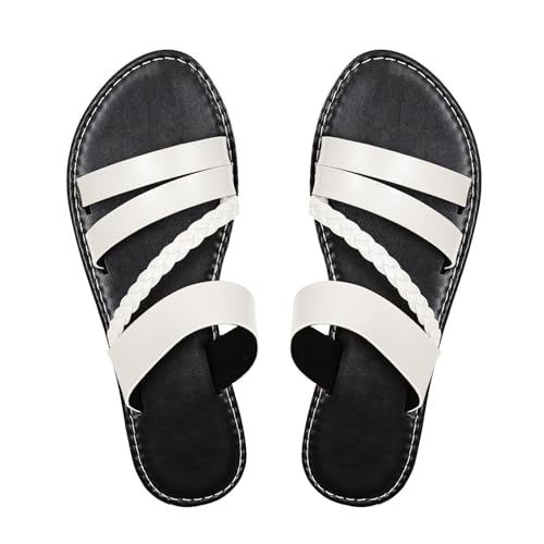 KKvoPiQ Modische und bequeme flache Hausschuhe und Sandalen für Damen, einfarbig, große Größe, One-Line Plateau Sandalen Damen Silber (White, 39) von KKvoPiQ