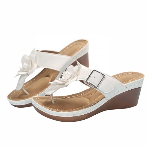 KKvoPiQ Retro-Sandalen aus massivem mit dekorativer und offener Zehenpartie und dicker Sohle Weiße Keilabsatz Schuhe Damen (White, 40) von KKvoPiQ