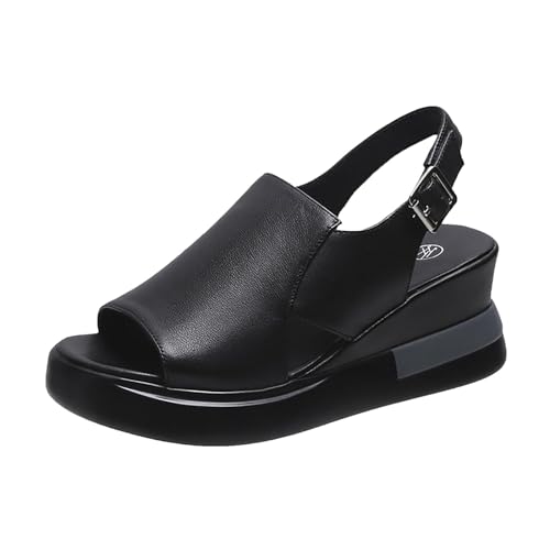 KKvoPiQ Sommer-Biskuit-Sandale für Damen mit dicken Sohlen, schrägem Absatz und flacher Schnalle hinten Bequeme Schuhe Damen Schwarz (Black, 35) von KKvoPiQ