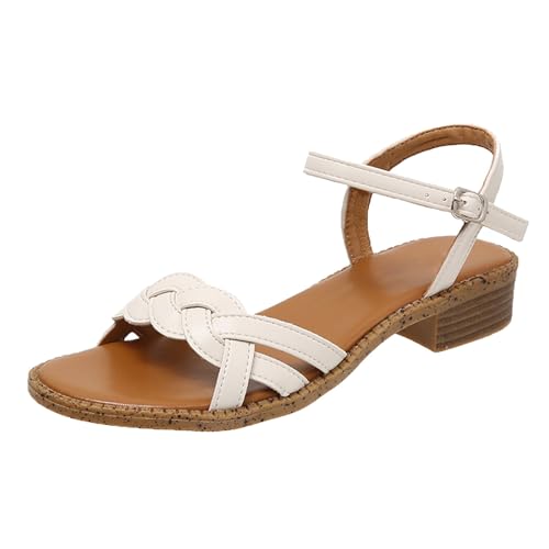 KKvoPiQ Sommer-Retro-Römersandalen aus weichem für Damen mit flachem Boden, offener Spitze und niedrigem Absatz, gewebte Strandsandalen mit einem Knopf Damen Schuhe B Ware (White, 37) von KKvoPiQ