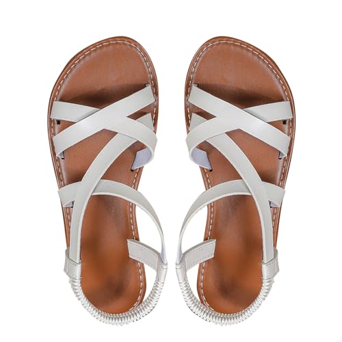 KKvoPiQ Sommer-Sandalen für Damen mit flachem Boden, rundem Zehenbereich, offenem Zehenbereich, One-Line-Schnalle Schuhe Damen Schnürschuhe Halbschuh (White, 41) von KKvoPiQ