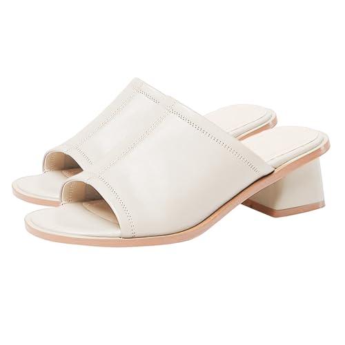 KKvoPiQ Sommerliche Damen-Sandalen mit dicken Absätzen und quadratischer Zehenpartie, Retro-Sandalen mit mittelhohen Absätzen Graue Schuhe Damen Elegant (White, 38) von KKvoPiQ