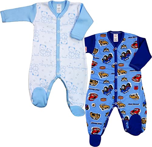KLEKLE Baby Strampler - Schlafanzug - 2er-Pack - Walkoverall Baby mit Druckknöpfen - 100% Baumwolle - Babykleidung - 6-9m - Autos und Teddybär - Kornblumenblau - für Jungen von KLEKLE