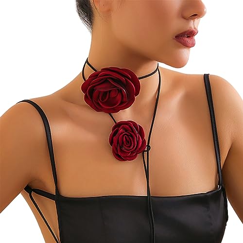 KLOVA Übertriebene Punk Rose Blume Schlüsselbein Kette für Frauen Einstellbare Blume Choker Kopfschmuck Dinnerparty Damenschmuck von KLOVA