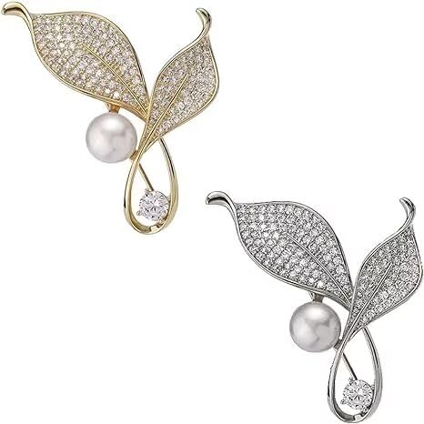 2 Stück Blatt elegante Brosche Pins Faux Kristall Strass Kragen Sicherheit graviert Metall Anstecknadeln Schmuck für Frauen Mädchen Kleidung Zubehör, Gold und Silber von KLUFO