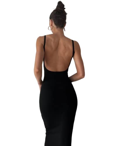 KMBANGI Damen Maxikleid mit Ausschnitt, schwarz, rückenfrei, sexy, ärmellos, Cocktailkleid, Midi-Kleid, figurbetont, Spaghettiträger, langes Kleid, Schwarz, Groß von KMBANGI