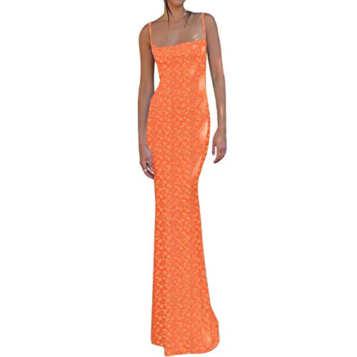 KMBANGI Rückenfreies Maxikleid für Damen, sexy, ärmellos, Blumenmuster, Cocktailkleid, figurbetont, Spaghettiträger, langes Partykleid, Orange/Abendrot im Zickzackmuster (Sunset Chevron), Klein von KMBANGI