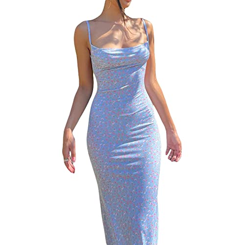 Rückenfreies Maxikleid für Damen, sexy, ärmellos, geteilt, Cocktailkleid, figurbetont, Spaghettiträger, langes Partykleid, Blumenblau, Größe S, Blume/Blau, Klein von KMBANGI