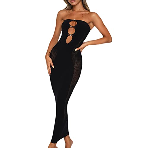 Rückenfreies Maxikleid für Damen, sexy, ärmellos, geteilt, Cocktailkleid, figurbetont, Spaghettiträger, langes Kleid, Party (schwarz, trägerlos, S), Schwarz trägerlos, Klein von KMBANGI