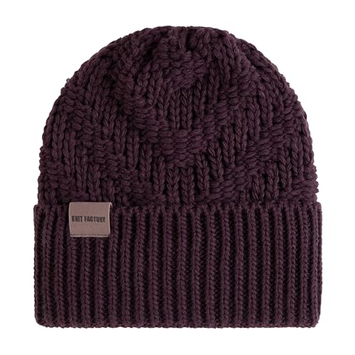 KNIT FACTORY - Sally Mütze - Strickmütze für Damen und Herren - Beanie - Wintermütze mit Wolle - Robusten Look - Hochwertige Qualität - Aubergine von KNIT FACTORY