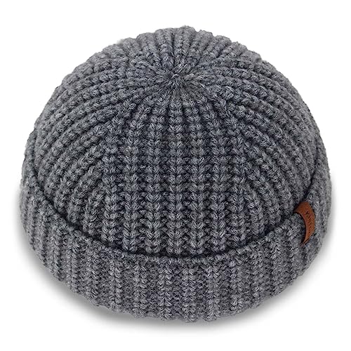 KNITDAY Chunky Wool Fisherman Short Beanie Hüte Skull Cap für Herren, dicke Skater Streetwear Fishermans Beanie Daily Hat, Grau, M/L von KNITDAY