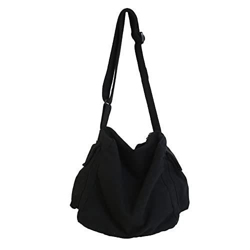 Canvas Crossbody Bag Hobo-Tasche Große Messenger Bag mit Reißverschluss for Damen Herren Schultertasche Arbeitshandtasche, Schwarz von KOBONA