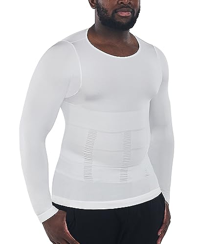 KOCLES Gynäkomastie Kompressions-Shirts für Herren Langarm Schlankheits Body Shaper Unterhemd Bauchkontrolle Shapewear Workout, Weiss/opulenter Garten, L von KOCLES