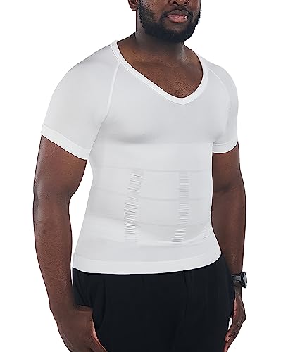 KOCLES Gynäkomastie Kompressionsshirts für Herren, Shapewear Slimming Body Shaper Unterhemd, V-Ausschnitt Baselayer T-Shirt Workout, V-Ausschnitt, Weiß, XL von KOCLES